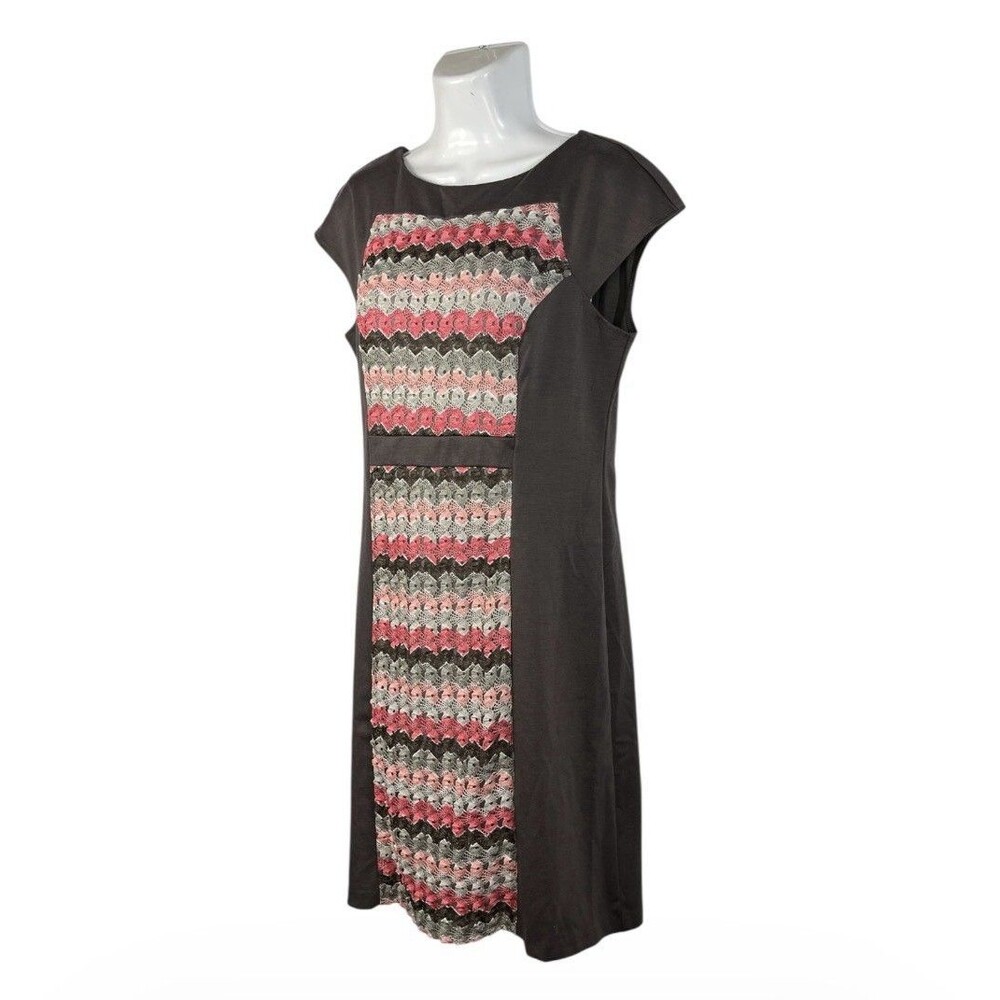 Connected Apparel Dress Size 10 Brown Pink Lace Overlay Cap Sleeve Stretch Work